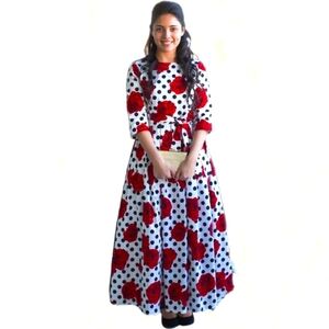 Dainty Jewells Floral Polka Dot Maxi Dress ¾ Sleeve Full Skirt Red Black White S